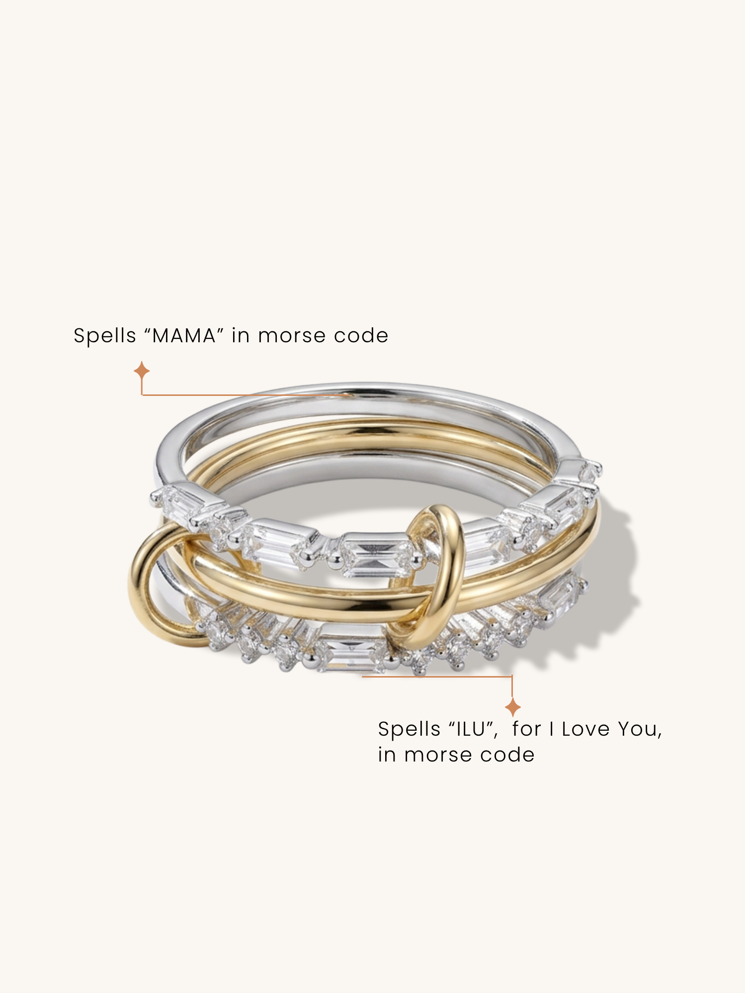 Three stacked rings with text indicating morse code phrases on a beige background